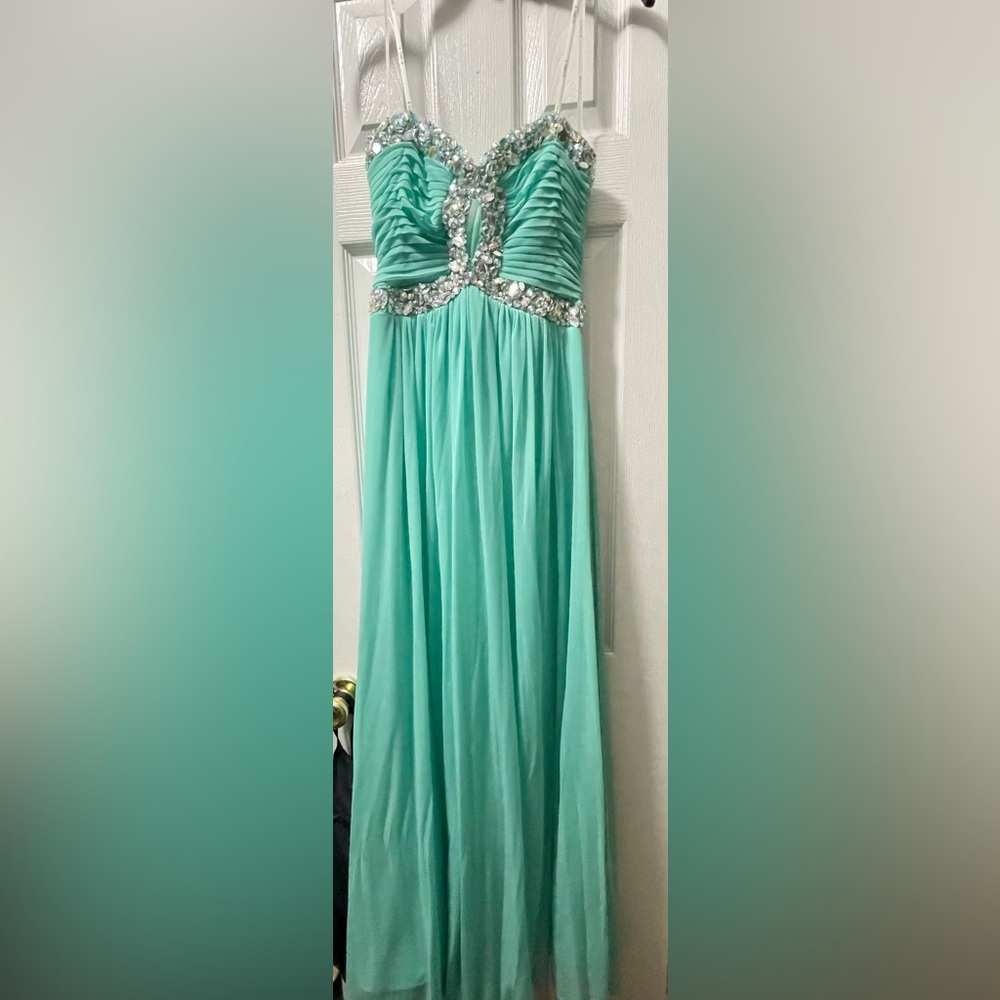 B Darlin prom dress Tiffany blue color with rhinestone accents